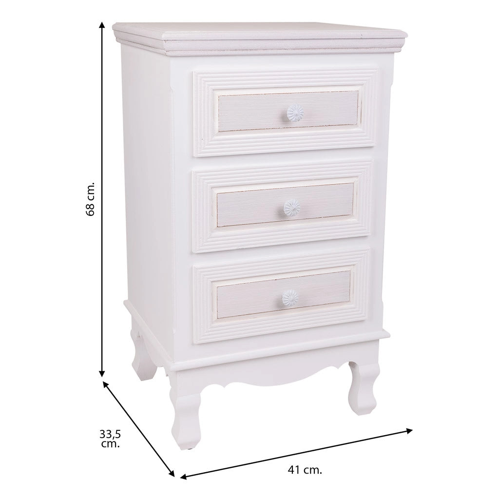 Comodino in legno con 3 cassetti bianchi 41x33,5x68.