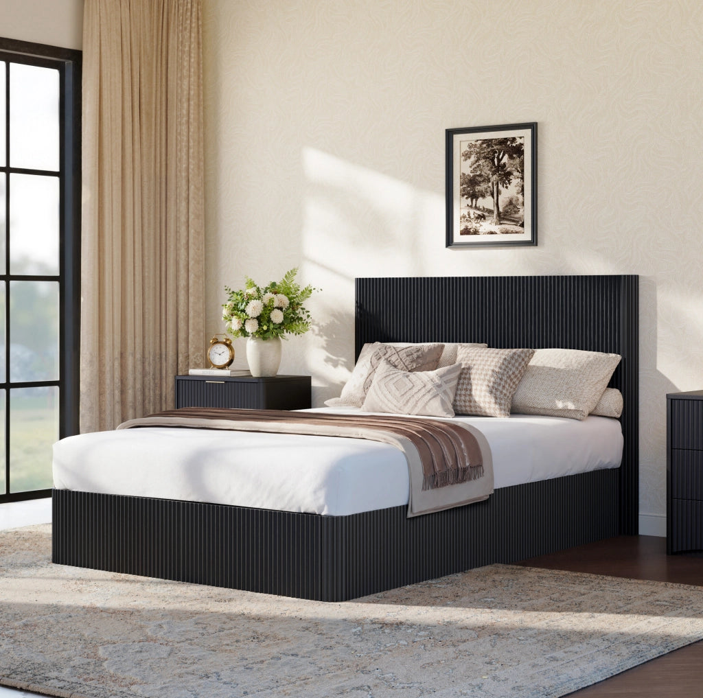 Letto 140x200 cm con contenitore e sistema idraulico; MDF e metallo nero