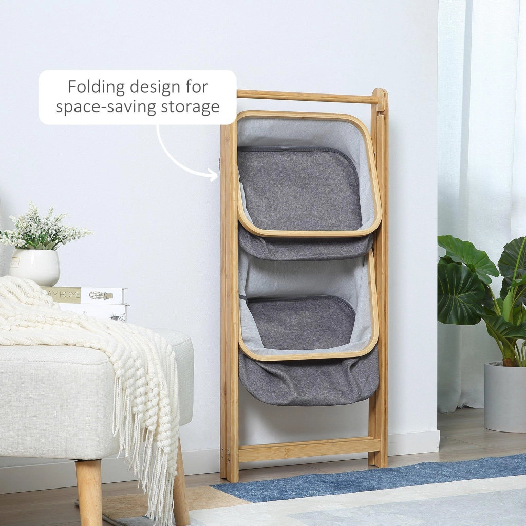 2 Cestini in Tessuto con Supporto Pieghevole 45x35x98 cm in Bambù Grigio