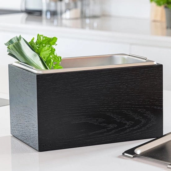 Contenitore di Rifiuti Organici in Legno - 4,5L - Resistentente al Lavastoviglie - Realizzato con Vernice di Legno Finissima - Contenitore di Compost per Rifiuti di Cucina - Legno di Quercia - Nero