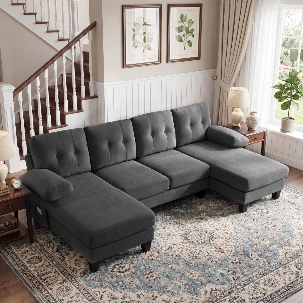 Divano letto angolare 4 posti con chaise longue ¨C MINIMAL ¨C Grigio, tessuto chenille