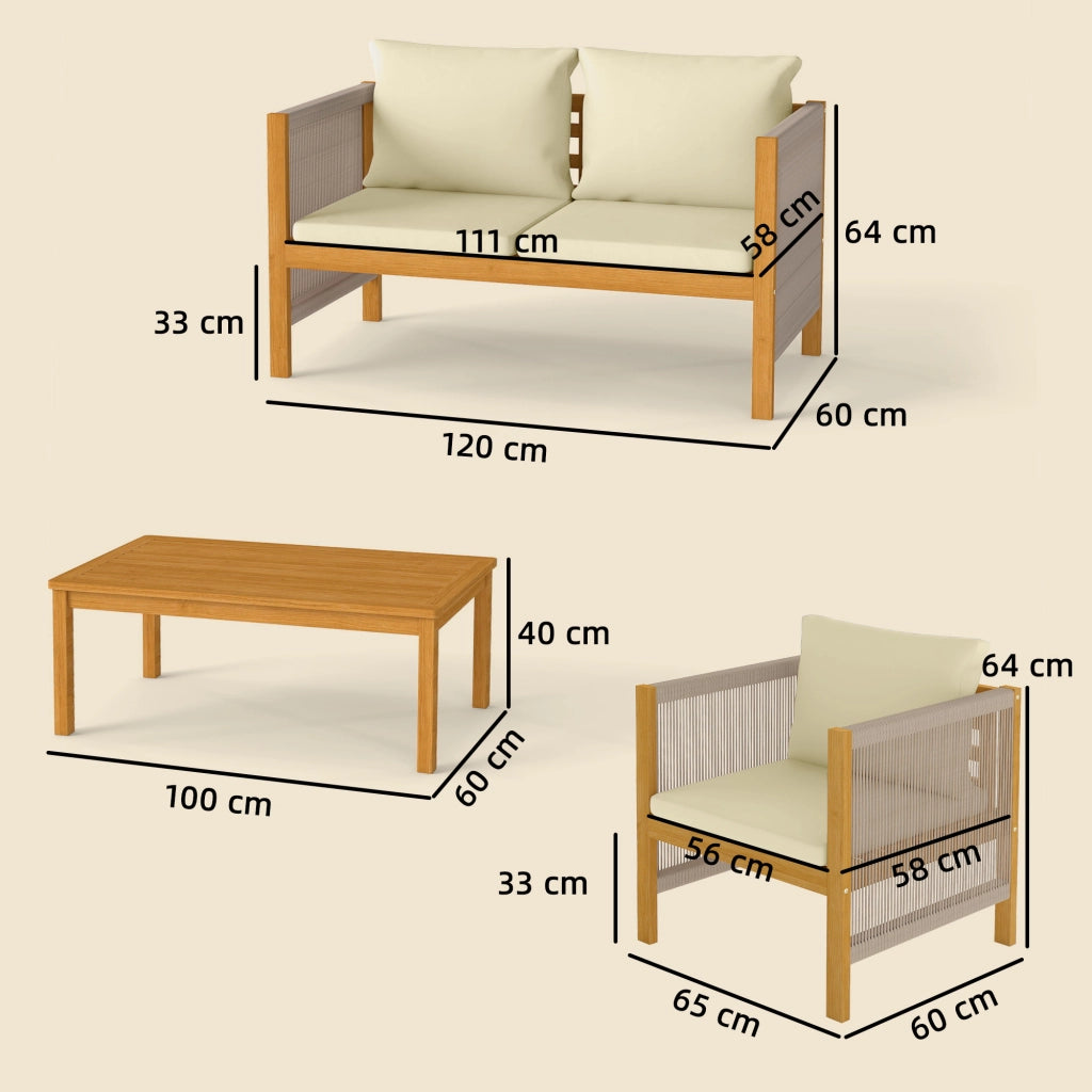 Set da giardino in legno con divano 2 posti 2 poltrone e tavolo ¨C zephmum ¨C cuscini lavabili