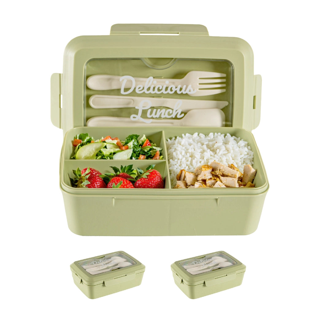 Set 2 Pezzi Lunch Box Porta Pranzo 1300 ml con 3 Posate, Contenitore Ermetico Per Alimenti BPA Free, Utilizzabile in Microonde e Lavastoviglie, Porta Pranzo con 3 Scomparti Verde