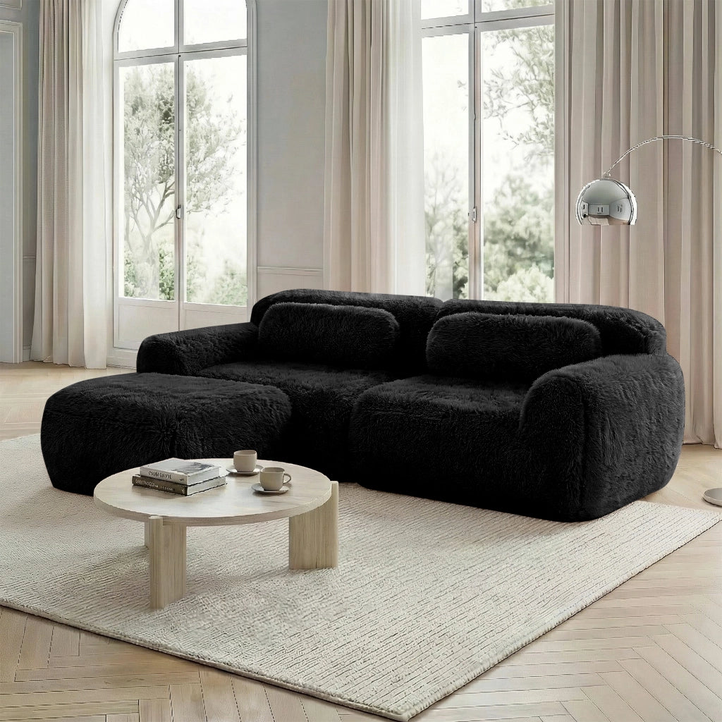 Divano Angolare 2 Posti ¨C MINIMAL ¨C Velluto Nero, Modulare con Cuscini