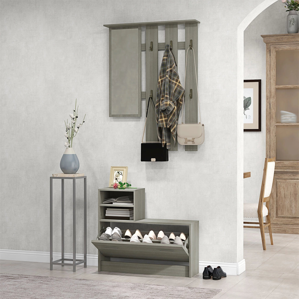 Set Mobili da Ingresso con Appendiabiti, Specchio, Panca e Scarpiera ¨C Minimal ¨C Grigio