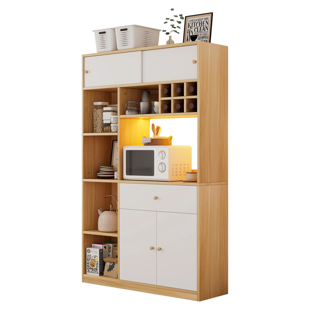 Credenza alta con LED, 1 cassetto, 3 ante e ripiani aperti, per cucina e soggiorno, bianco naturale, 115 × 35 × 180 cm