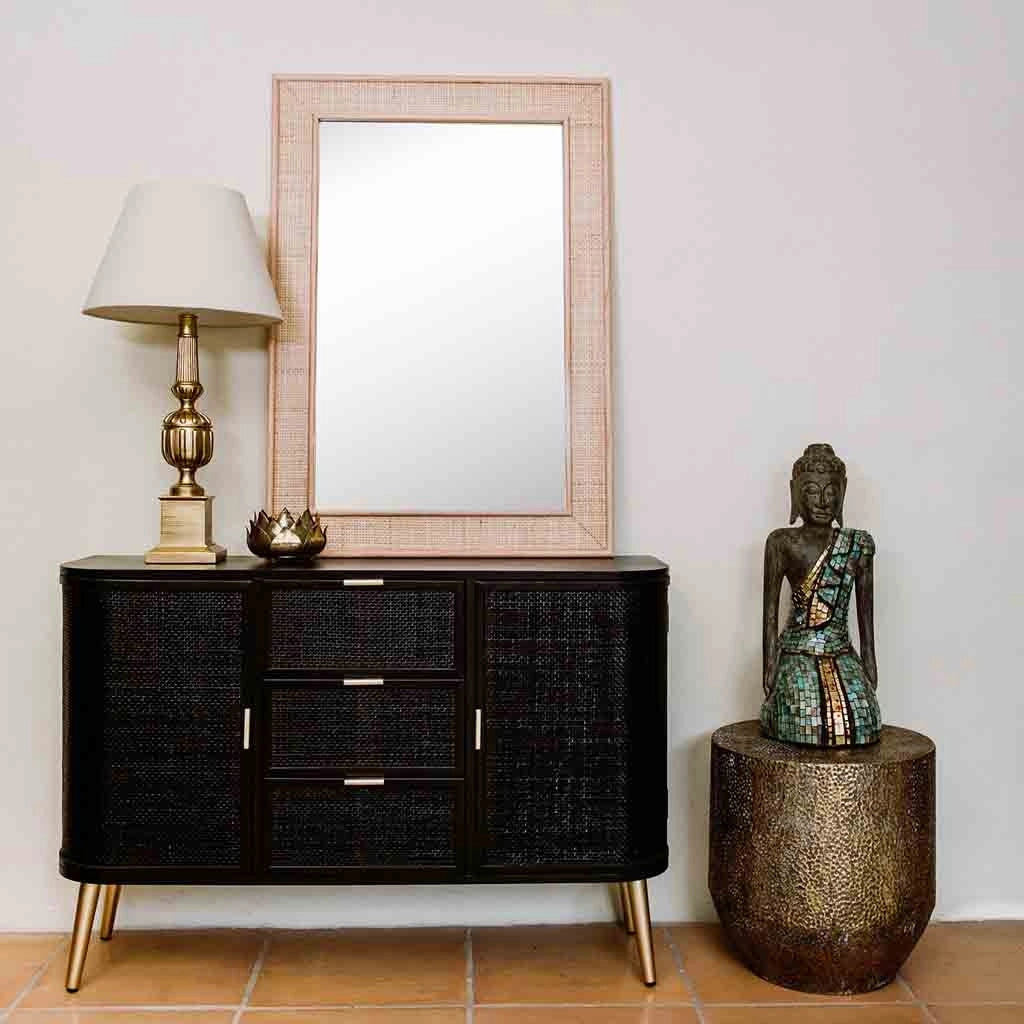 Credenza legno e rattan nero e oro 115x35x80cm