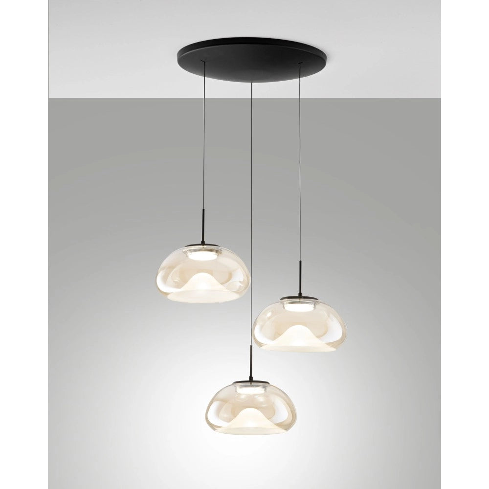 Brena - Lampada a sospensione circolare 3 luci Fabas Luce - LED 30W dimmerabile - Cognac Rosone rotondo d.35cm
