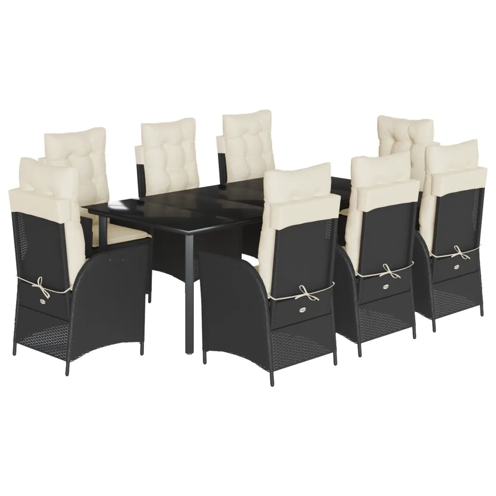 Set da Pranzo da Giardino 9 pz con Cuscini Nero in Polyrattan