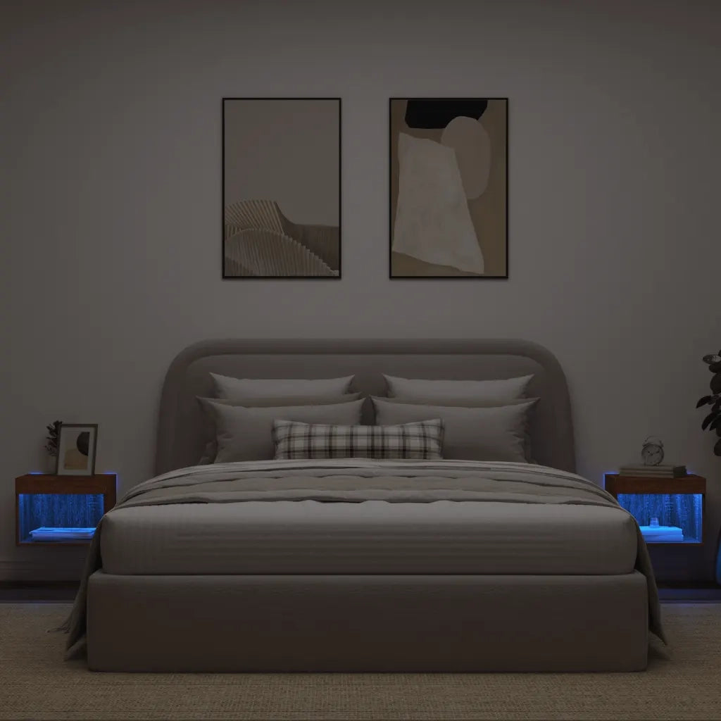 Set di 2 Comodini | Armadio da Notte | Mobiletto da notte con Luci LED a Parete Rovere Marrone
