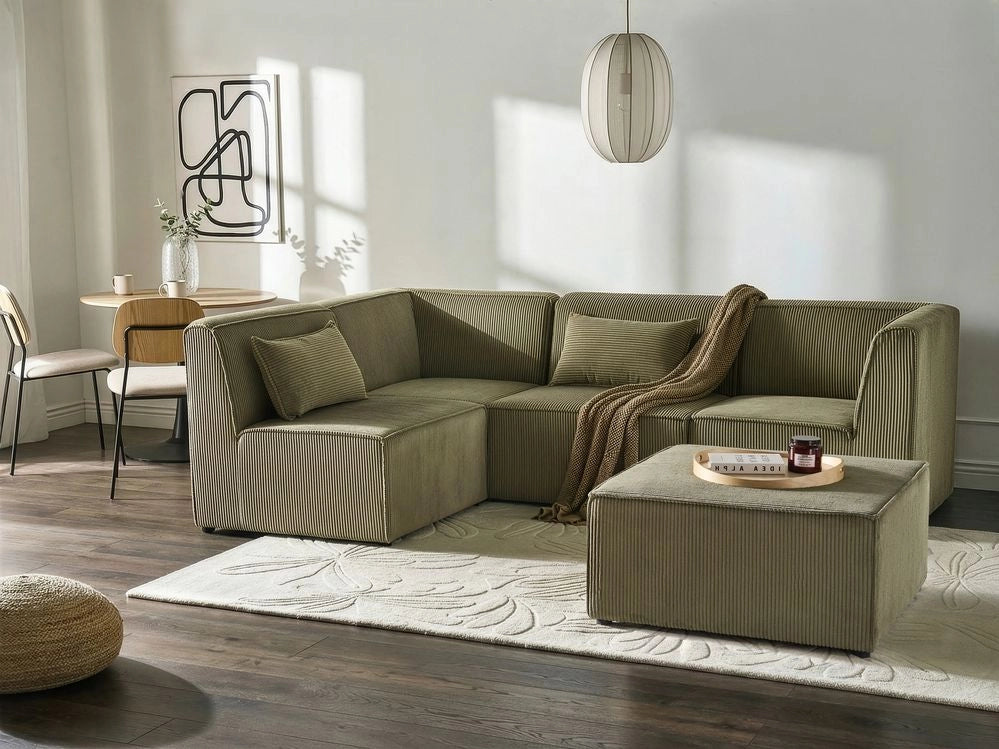 Divano modulare lato destro 4 posti con Ottomana in Velluto a coste verde design moderno soggiorno
