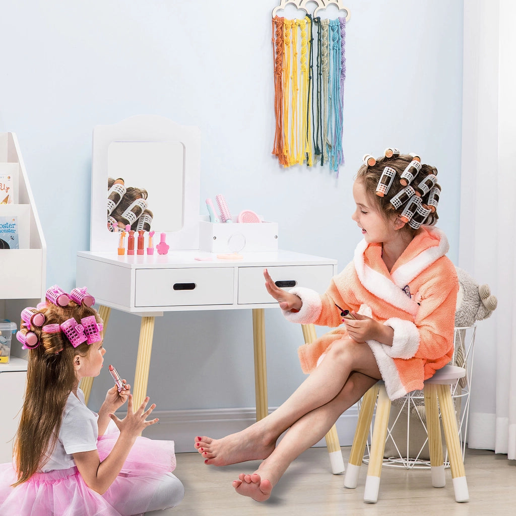 Toeletta per Bambini con Tavolo Trucco, Sgabello, Specchio e Cassetti ¨C Minimal ¨C Bianco e Legno