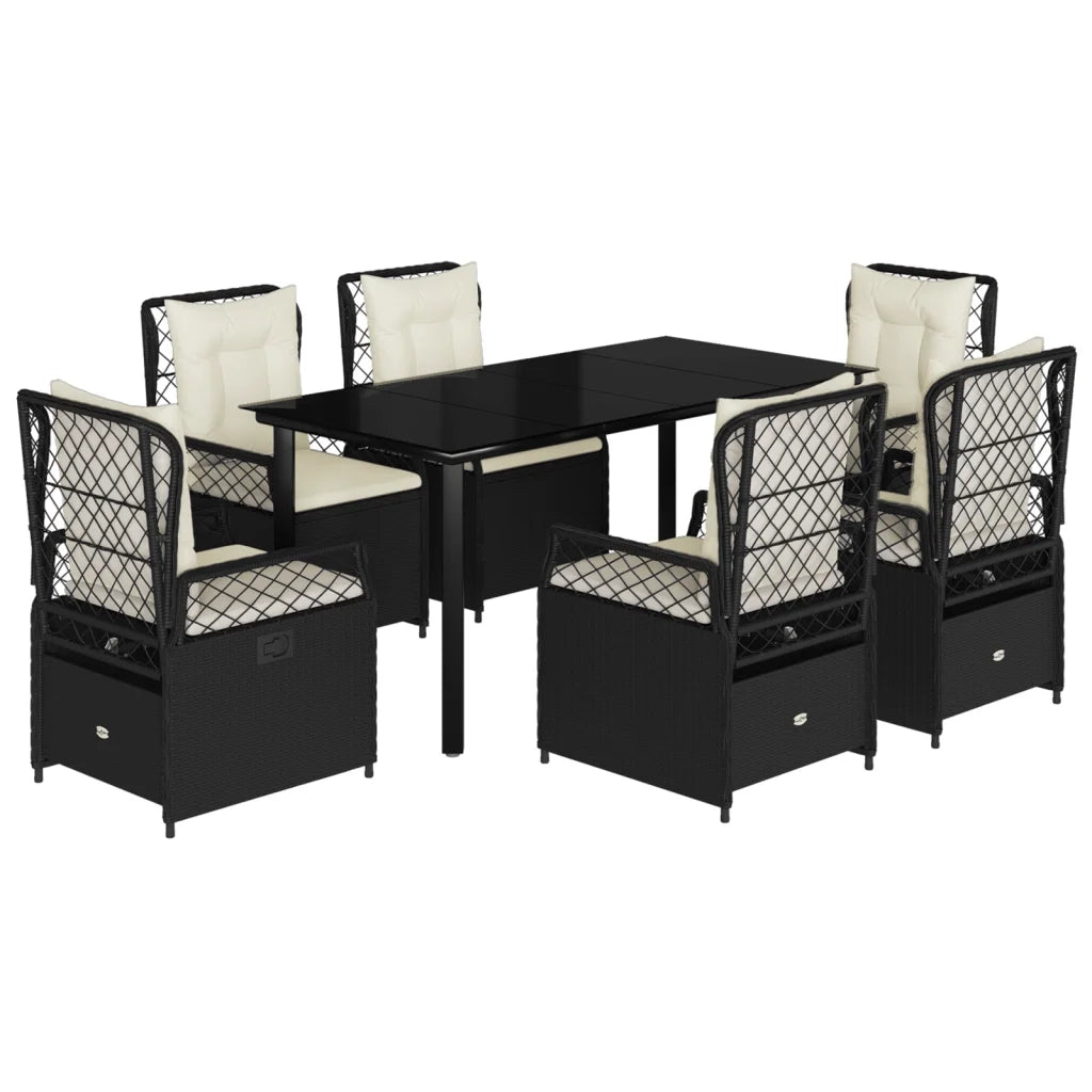 Set da Pranzo da Giardino 7 pz Nero con Cuscini in Polyrattan