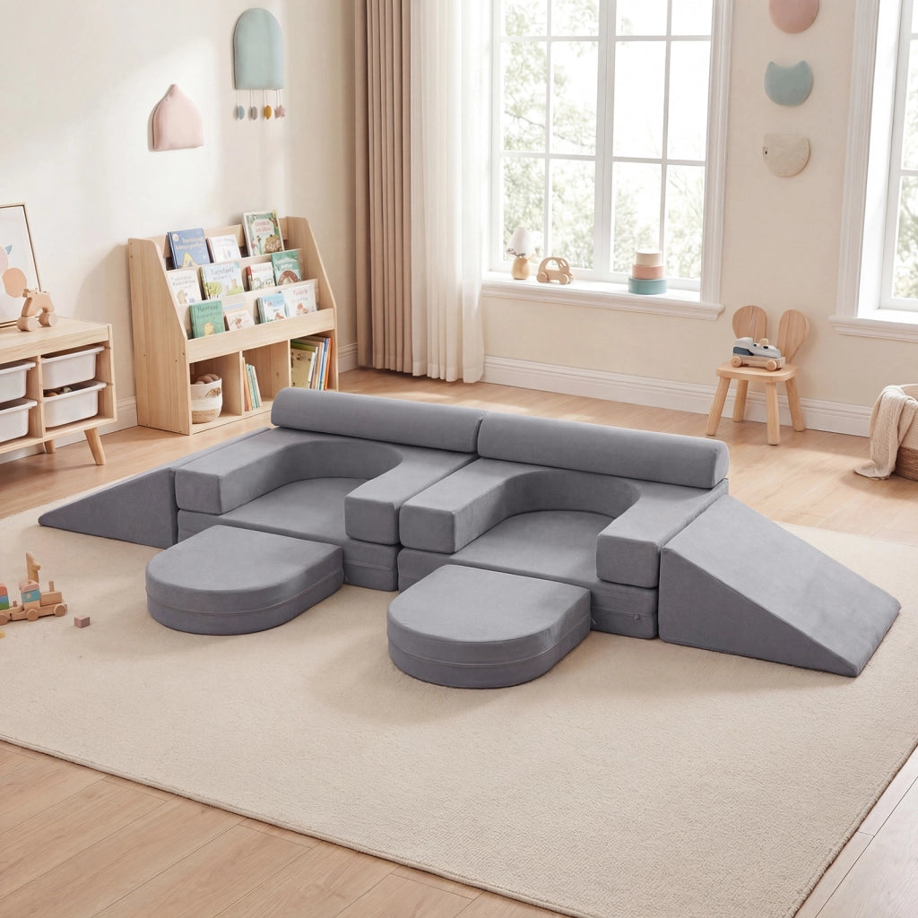 Divano da gioco per bambini trasformabile tessuto suede e schiuma ad alta elasticit¨¤, Poltrona modulare a 10 pezzi Grigio