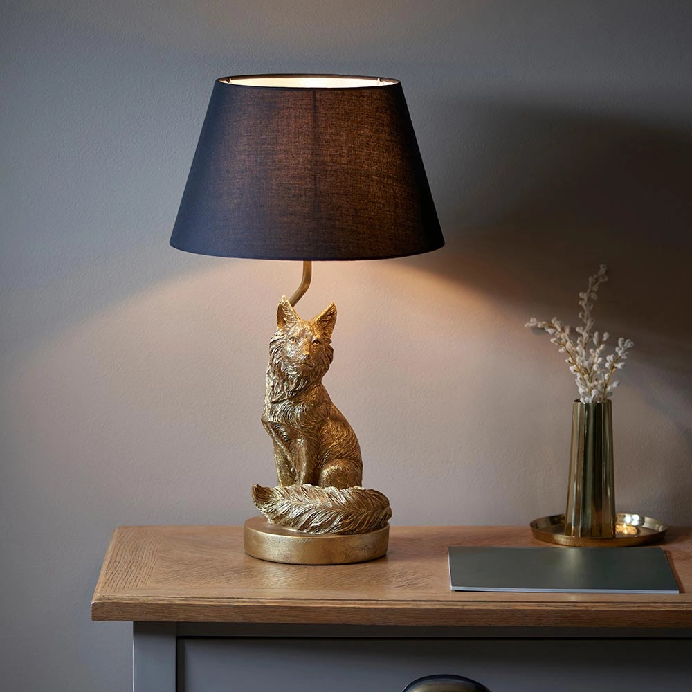Lampada da tavolo volpe oro vintage con paralume nero Endon