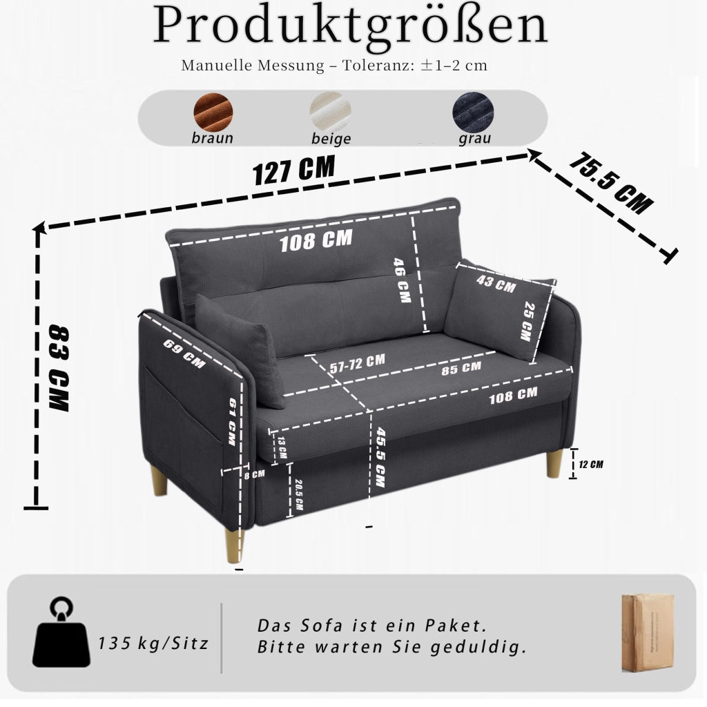 Divano 2 Posti con Braccioli e Tasche Laterali ¨C MINIMAL ¨C Chenille, Grigio Scuro