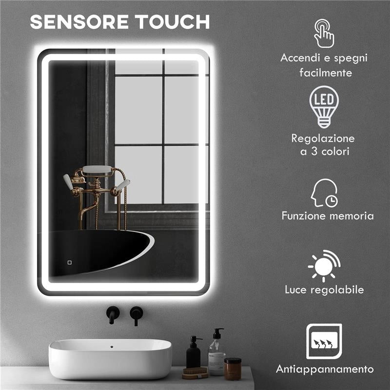 SPECCHIO BAGNO CON INTERRUTTORE TOUCH, LUCE LED A 3 TEMPERATURE E ANTIAPPANNAMENTO, 70X100CM