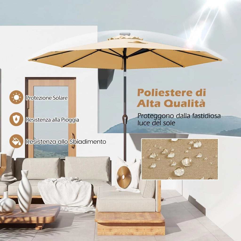 Ombrellone da Giardino con LED Luci Ø300 cm, Parasole da Esterno Ombrello da Spiaggia (Beige)