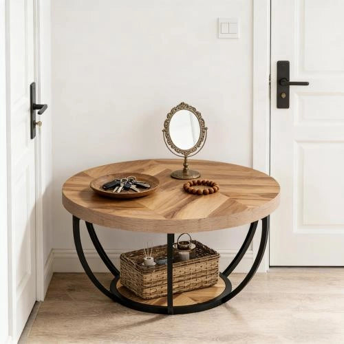 TAVOLINO ROUNDO A DUE RIPIANI IN LEGNO E METALLO, COLORE LEGNO