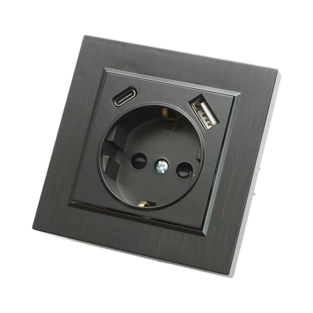 Presa Schuko da incasso nera 220V, 16A, 2xUSB A+C 5V 2.1A, ABS 80x80mm