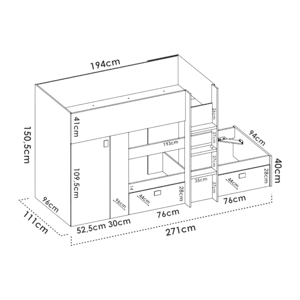Araba, Composizione Camera da Letto 2 Cassetti, 271x111x150h cm Bianco