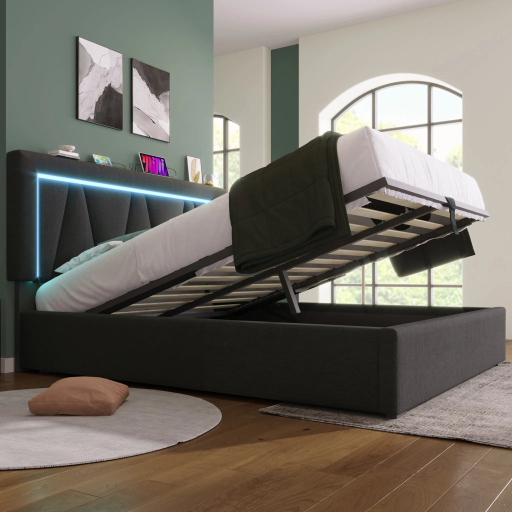 Letto Contenitore Imbottito LED ¨C MINIMAL ¨C 140x200, Tessuto, USB, Rete a Doghe