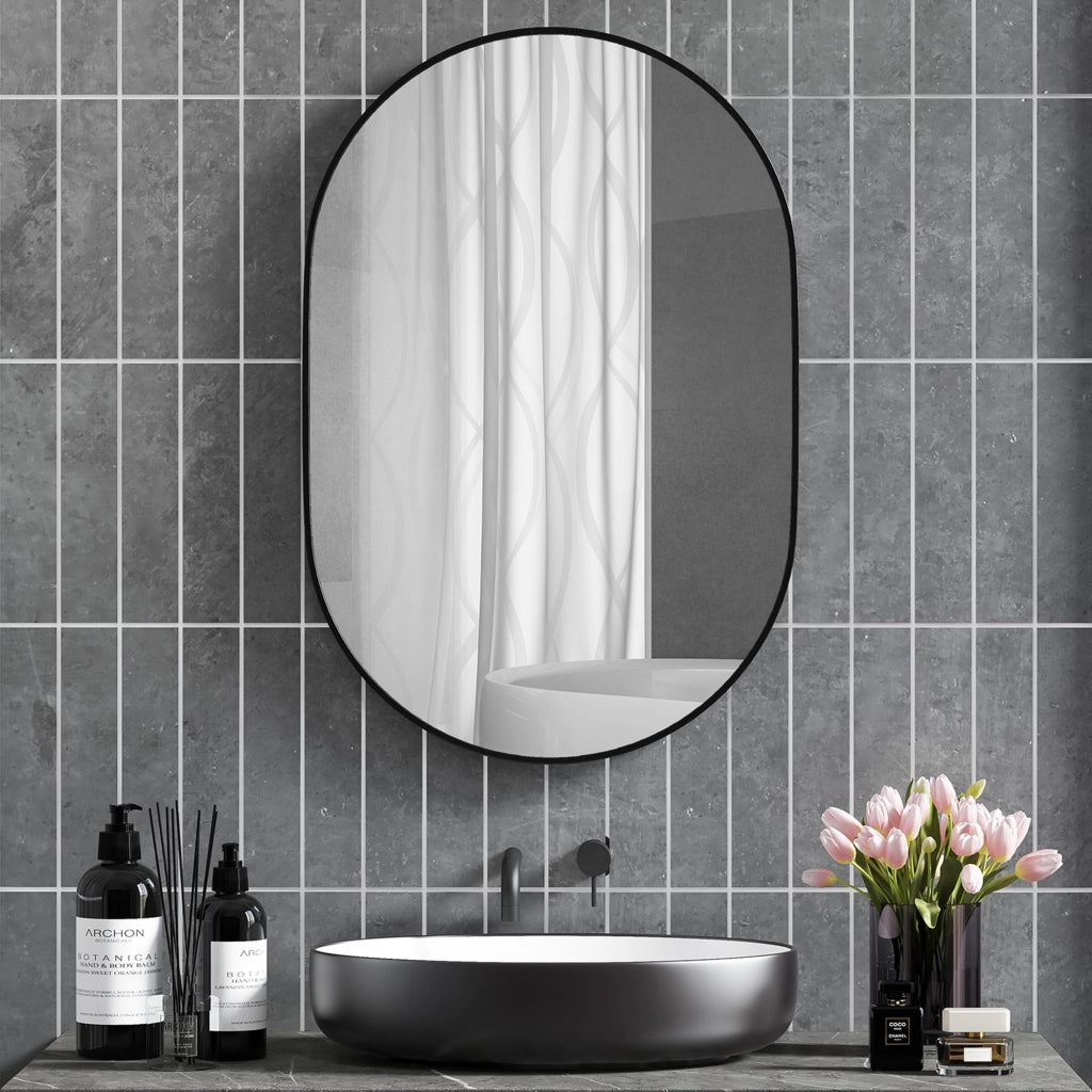 Specchio da Bagno Ovale con Cornice in Alluminio ¨C Zephmum ¨C Nero, 60x90cm