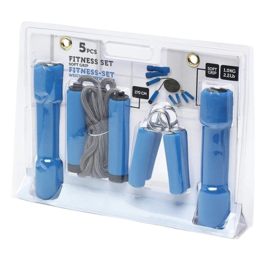 Trade Shop - Kit Completo 3 Pezzi Ginnastica Pesi Stringenti E Corda Per Salto Penn Blu -