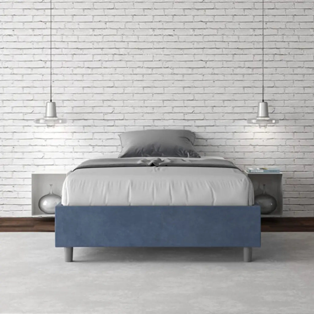 Letto una piazza e mezza con rete imbottito 120x210 microfibra blu Azelia