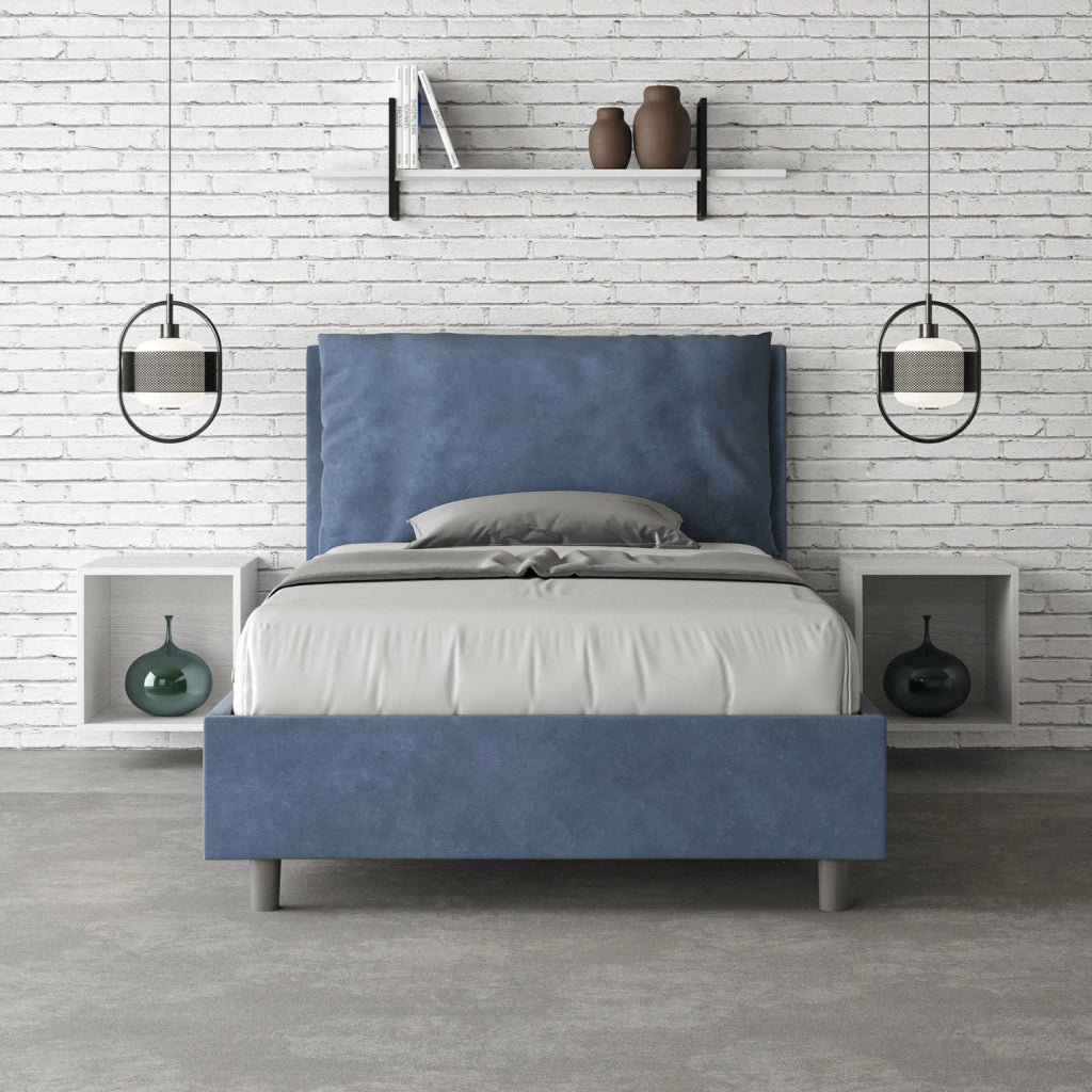 BS COM Letto una piazza e mezza contenitore imbottito 120x200 microfibra blu