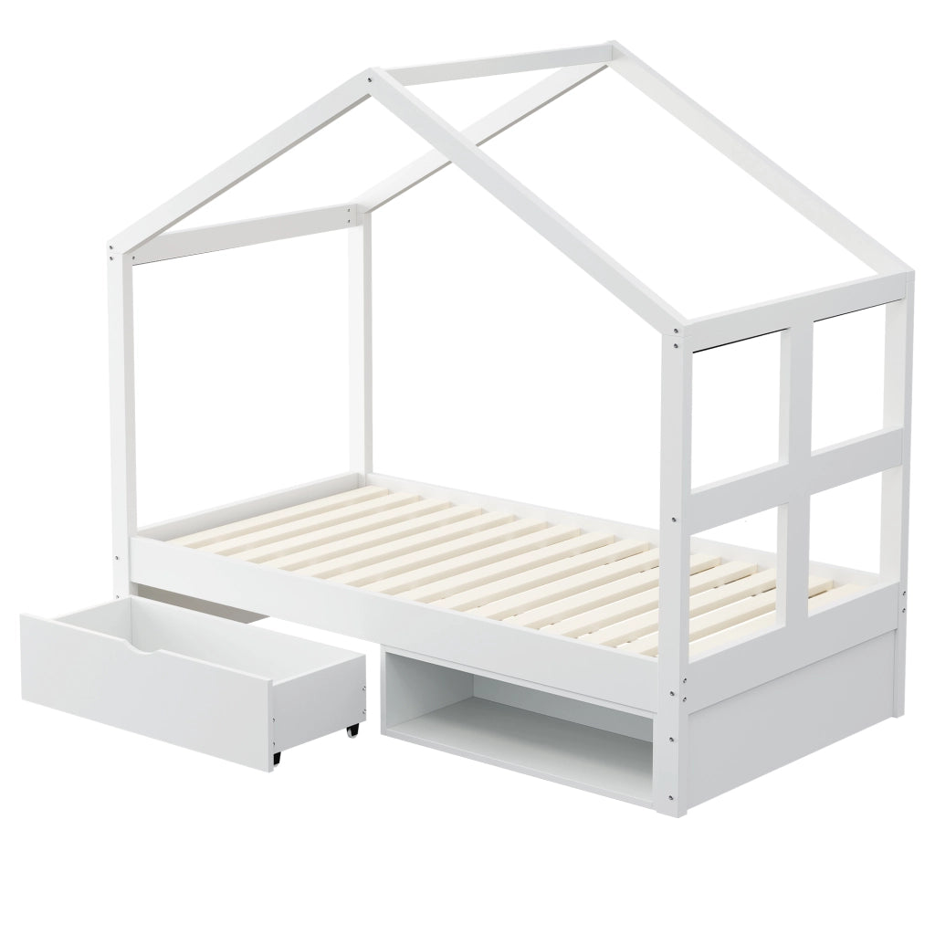 Letto Singolo con Cassetti e LED ¨C MINIMAL ¨C Bianco, Rete a Doghe, 90x190