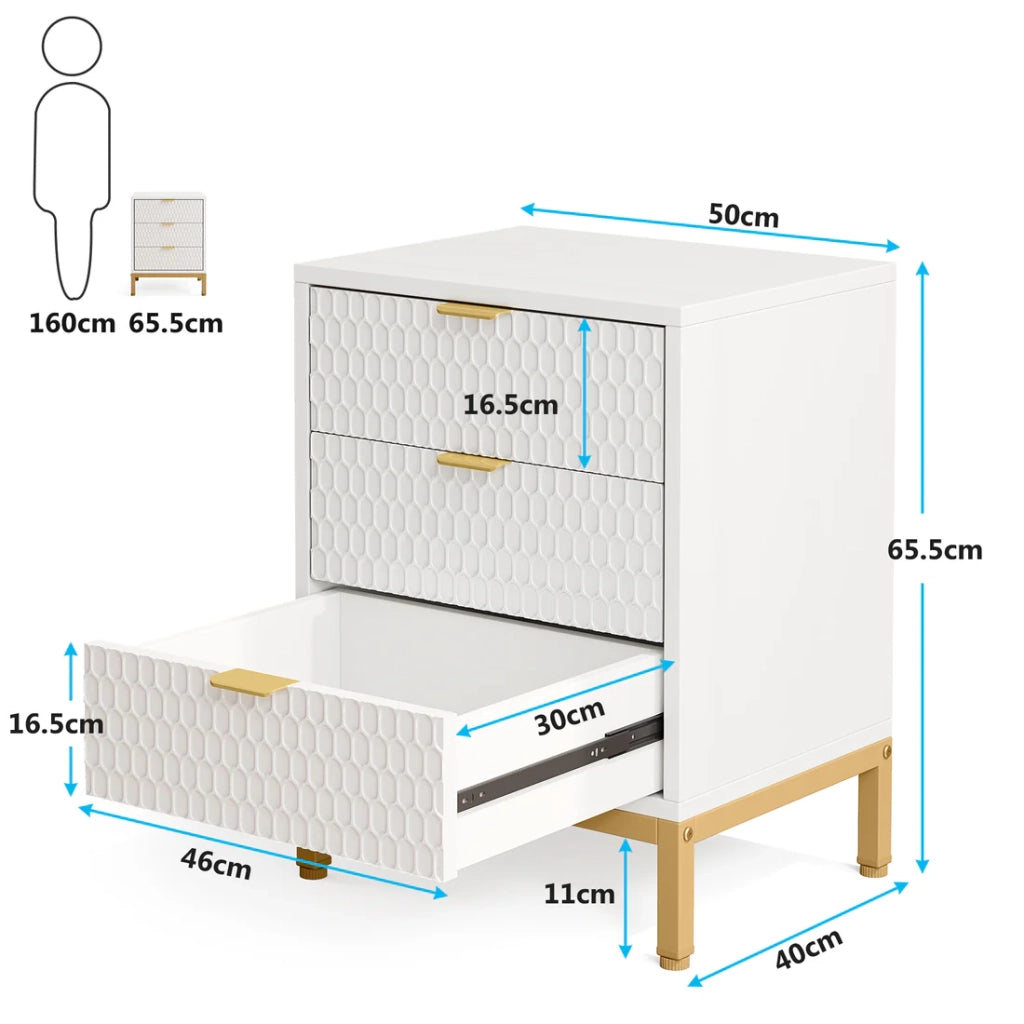 Comodino moderno con 3 cassetti, finitura bianco e oro