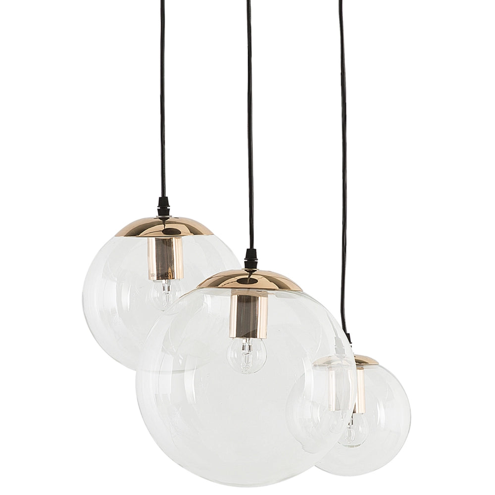 Lampada a Sospensione 3 Luci Vetro Trasparente Elemento in Metallo Dorato