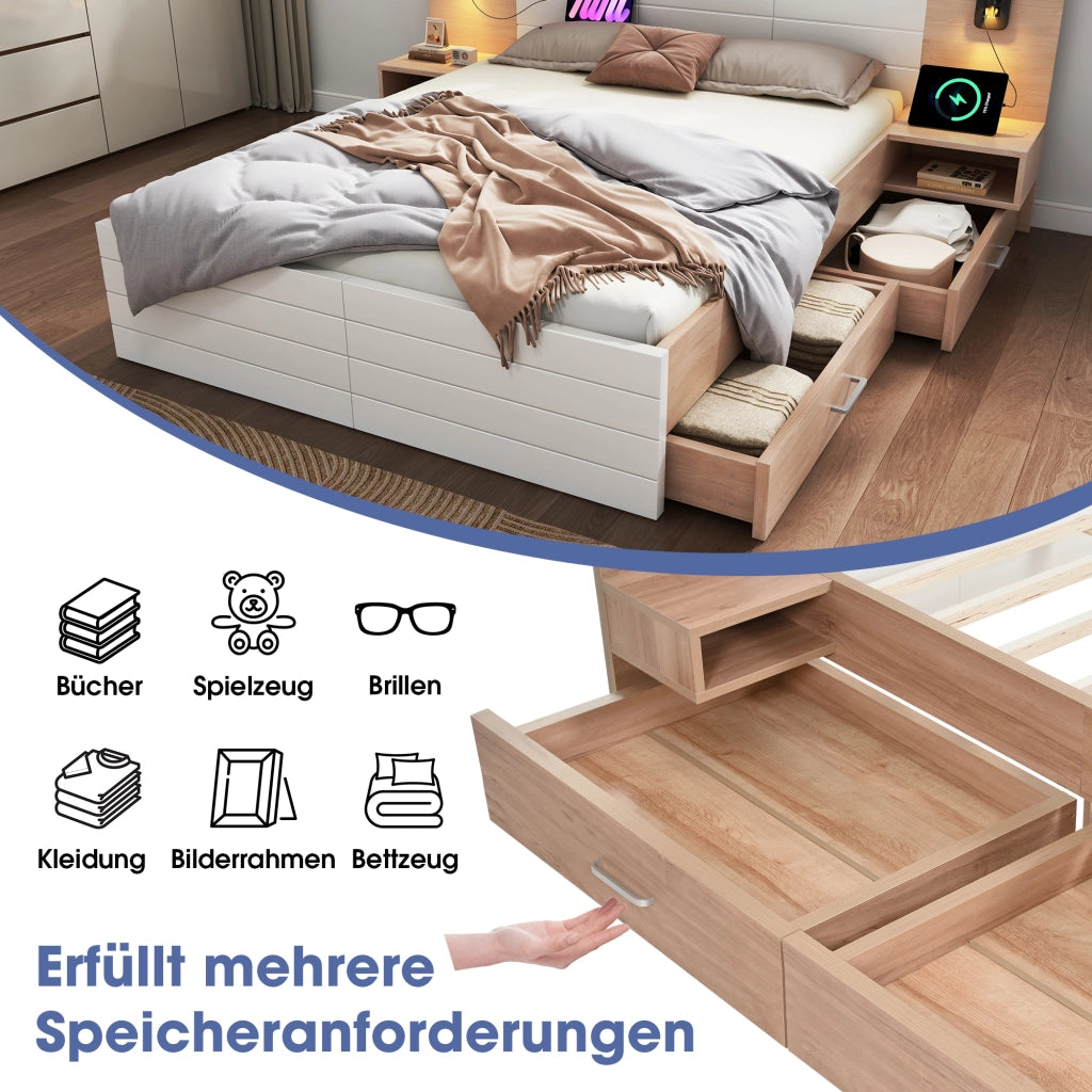 LETTO Contenitore 140x200 cm Bianco e Rovere con 2 cassetti