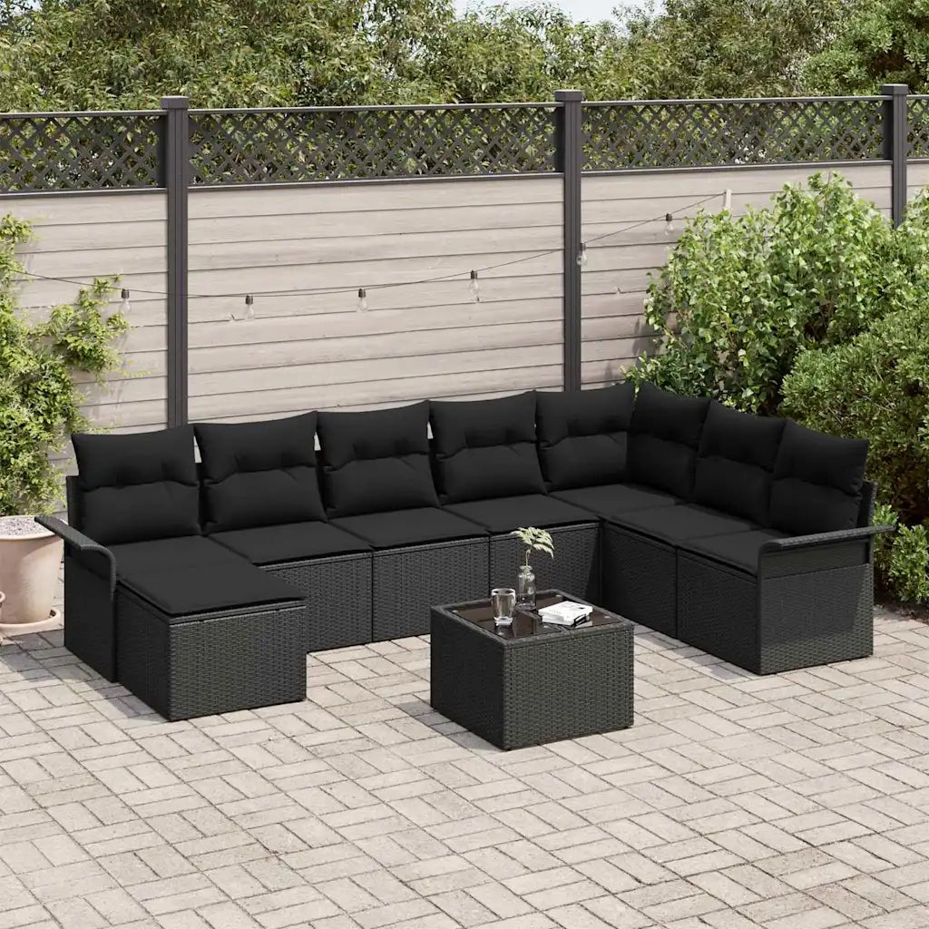 Set Divano da Giardino con cuscino 9 pcs Nero polyrattan