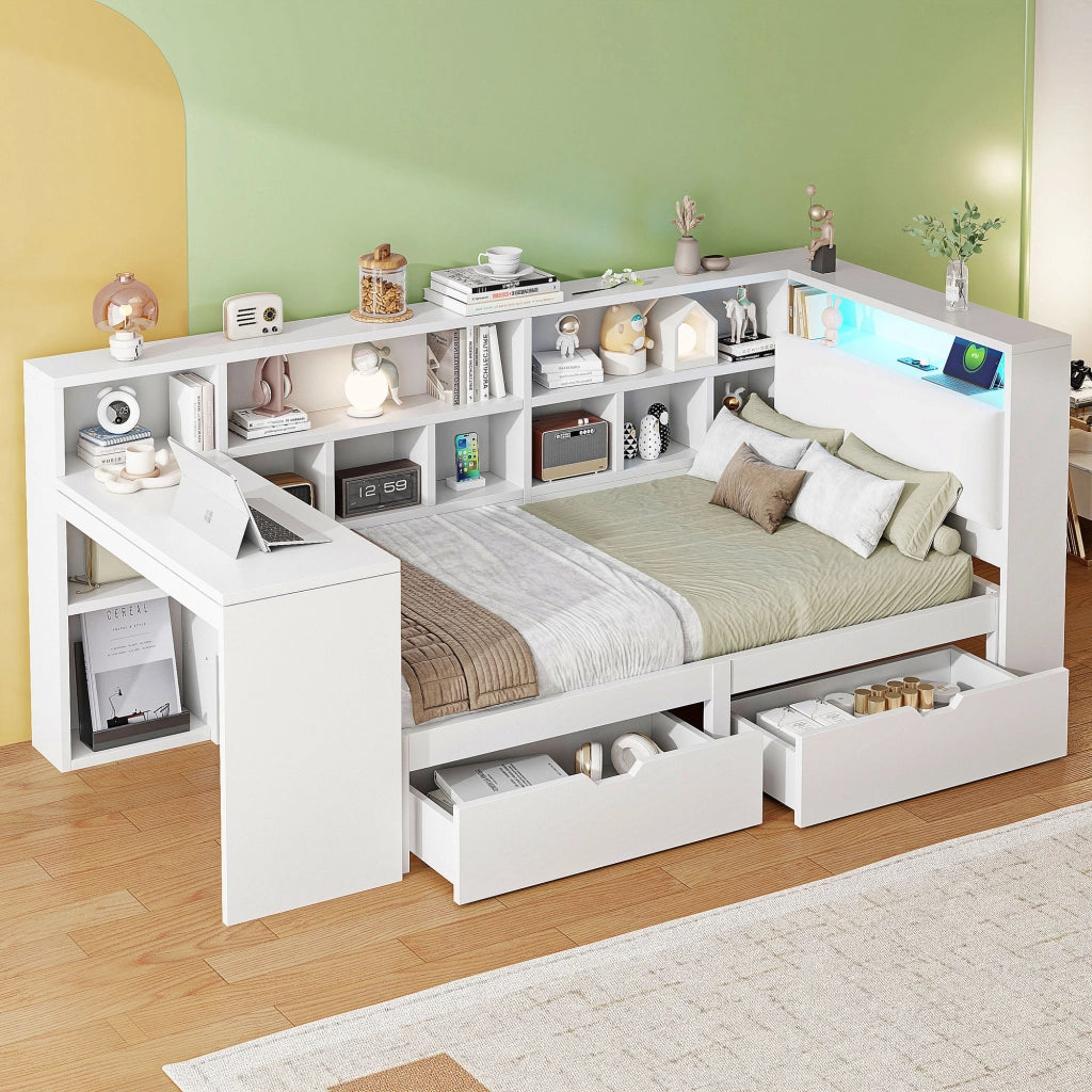 LETTO L-forma 90x200 cm Bianco con scrivania integrata e libreria
