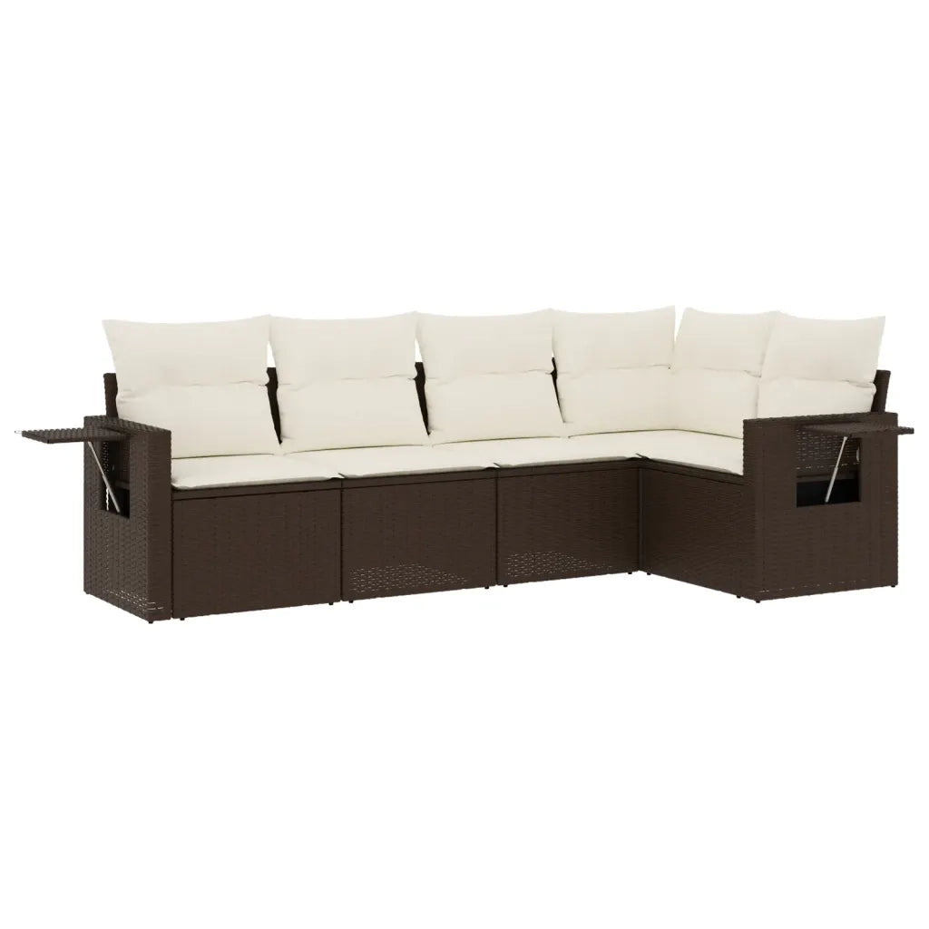Set Divano da Giardino 5 pz | Set Salotto da Giardino con Cuscini Marrone in Polyrattan