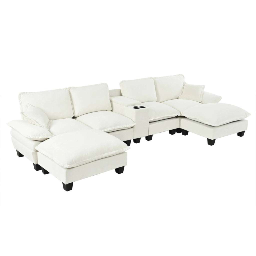 Divano Angolare Modulare con Ottomane ¨C MINIMAL ¨C Chenille Beige, Portabicchieri, USB, Contenitore