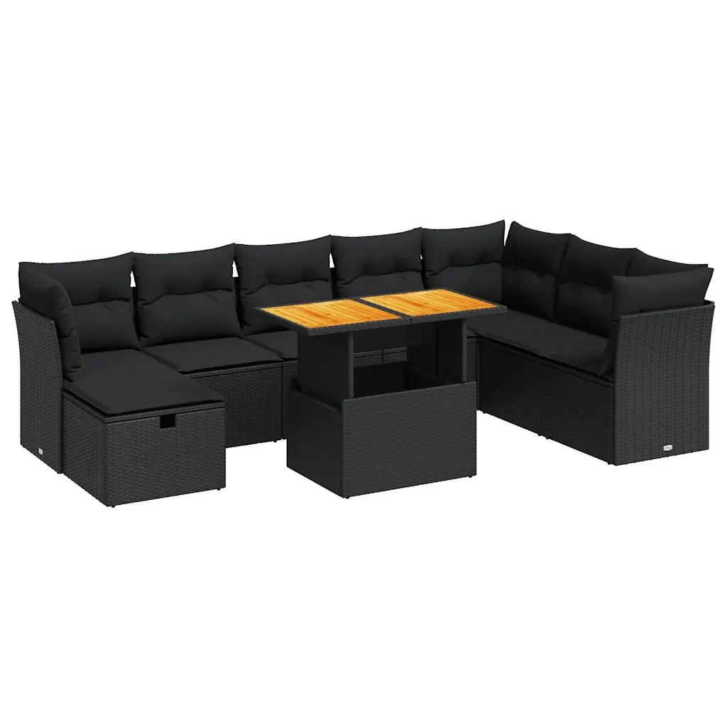 Set Divani da Giardino 9 pz con Cuscini Nero Polyrattan Acacia 3327986