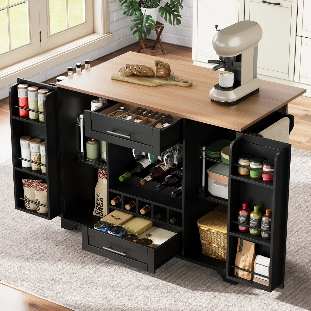 Carrello da cucina multifunzionale - Zephmum- 120x45/70x92cm- Nero- Con ripiano pieghevole, porta bicchieri, porta spezie e porta asciugamani