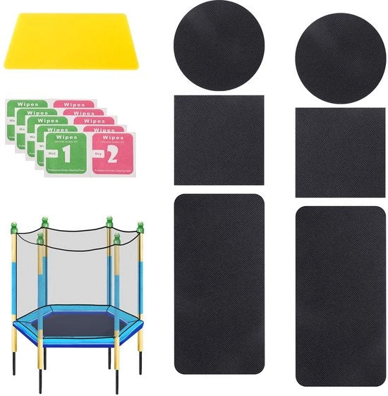 Kit di riparazione per trampolini 6 pezzi - Pannelli autoadesivi - Pannelli rotondi/quadrati/rettangolari - Incluso raschiano - Materiale TPE - Nero - Adesivi per trampolini