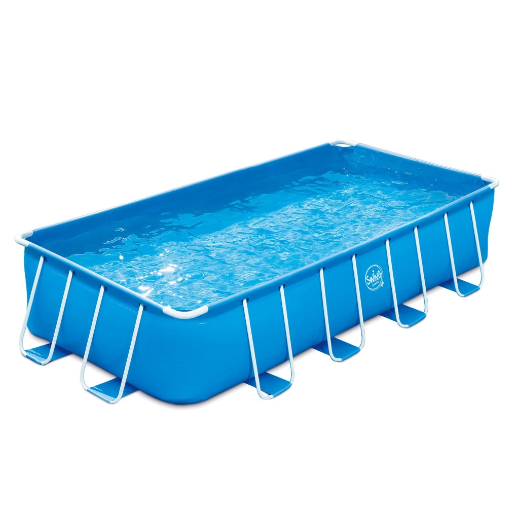 PISCINA RETTANGOLARE CON STRUTTURA IN METALLO - 4,88 x 2,44 x 1,07 m con pompa filtro 12V - 3,8 m3, gradino pieghevole, copertura e telo di fondo