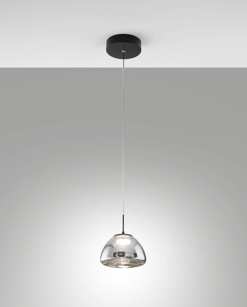 Lampada a Sospensione Lucille in Metallo e Vetro Borosilicato Fumé, LED 8W Dimmerabile a step, CCT 2700K/3000K/4000K, Ø16cm - Lucille