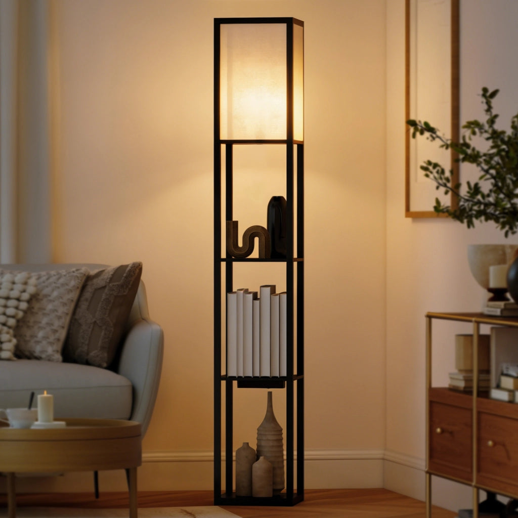 Lampada da Terra con Ripiani, Luce Regolabile, Interruttore a Pedale e Porte USB, Nero