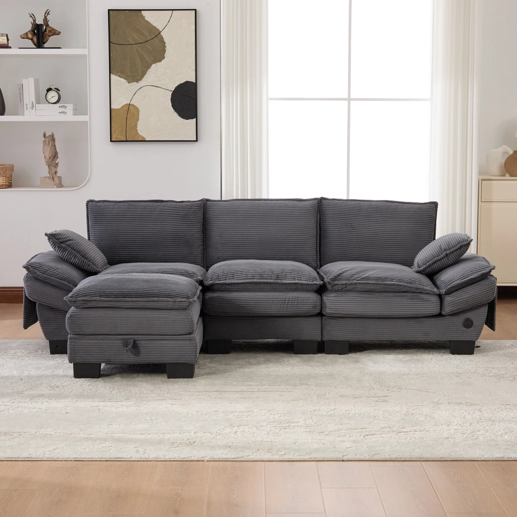 Divano 3 Posti con Poggiapiedi in Tessuto ¨C MINIMAL ¨C Grigio Scuro
