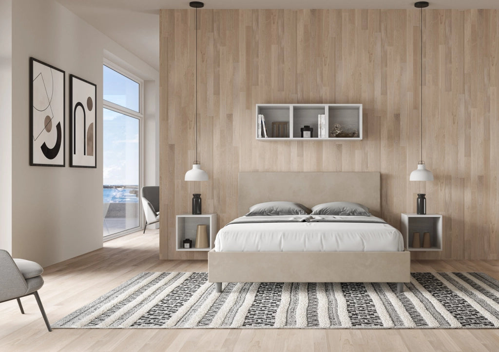 BS COM Letto matrimoniale francese con rete imbottito 140x210 microfibra sabbia