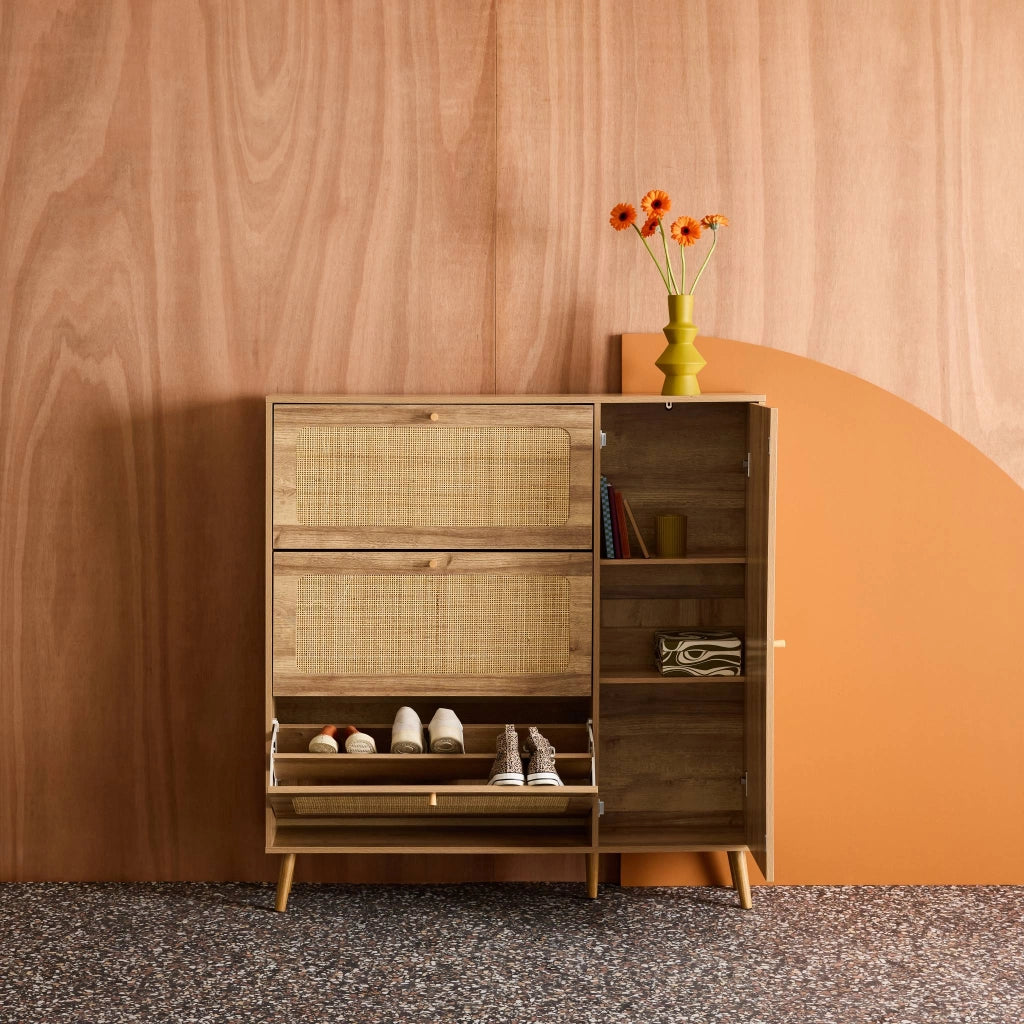Scarpiera con decoro in legno e canna, 3 ante, marrone naturale