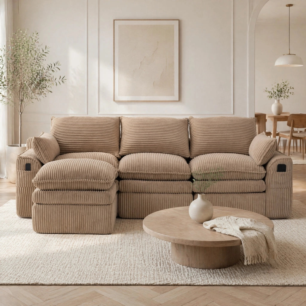 Divano modulare 3 posti in tessuto corduroy khaki con pouf, tasche laterali e cuscini