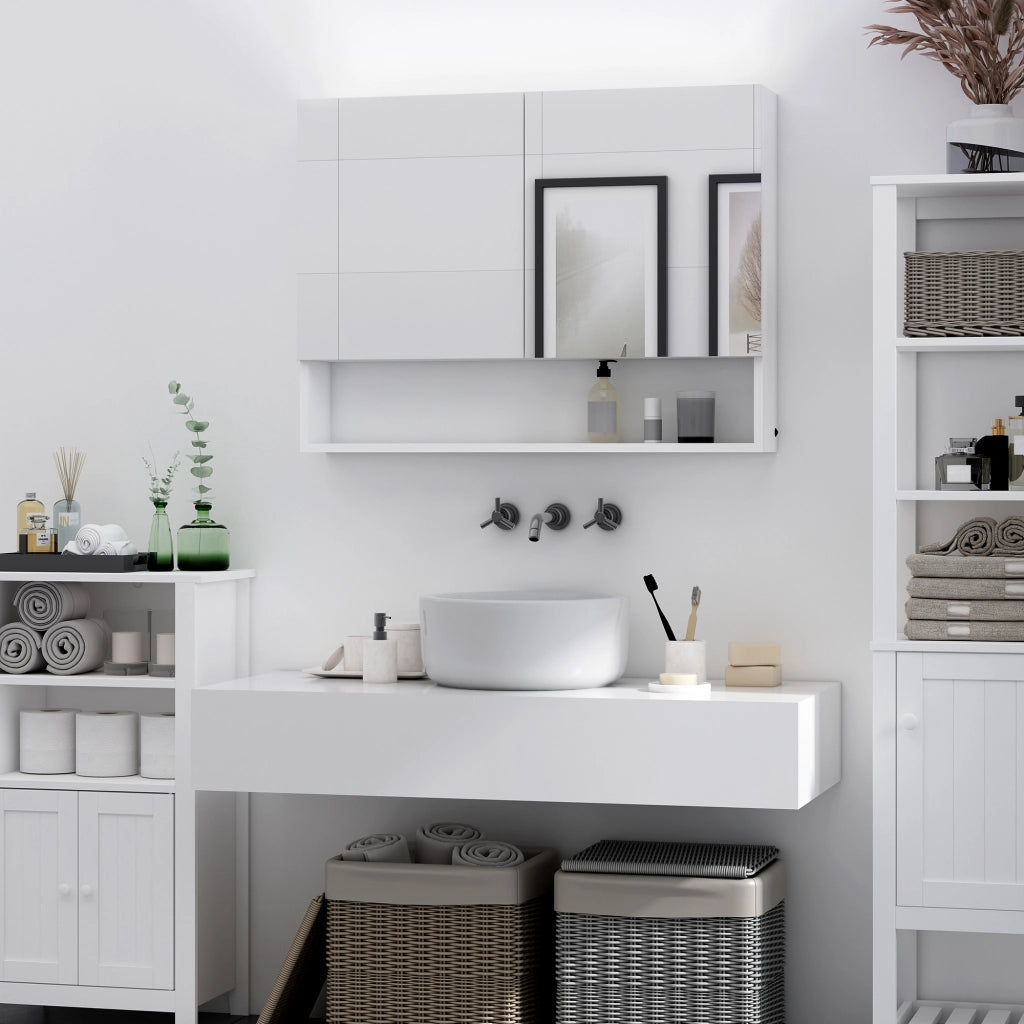 Armadio a muro con specchio e luci LED, ripiano aperto e interno ¨C Minimal ¨C 80x15x60cm
