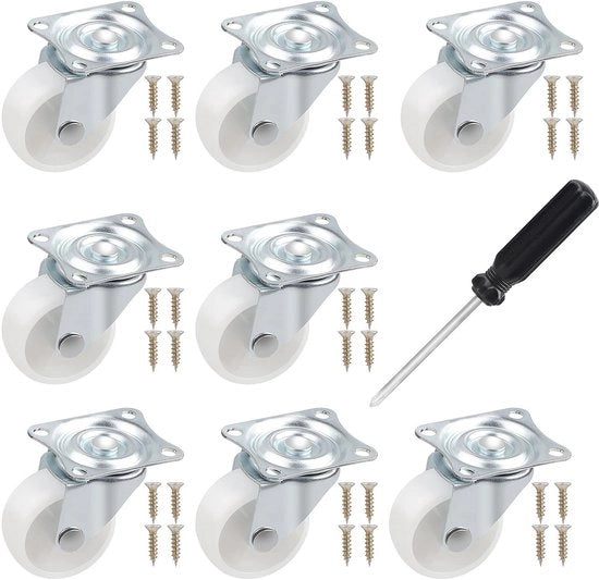 Set di ruote mobili 360 gradi - 8 pezzi - Altezza 50 mm - Capacità di carico 160 kg - Bianco - Materiale assorbente shock - Ruote da trasporto